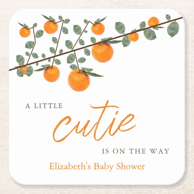 Little Cutie Orange Gender Neutral Baby Shower Square Paper Coaster (Front)