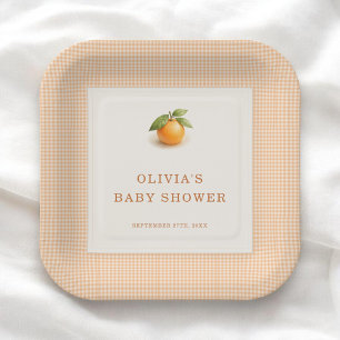 Little Cutie Orange Gingham Baby Shower Party Paper Plates