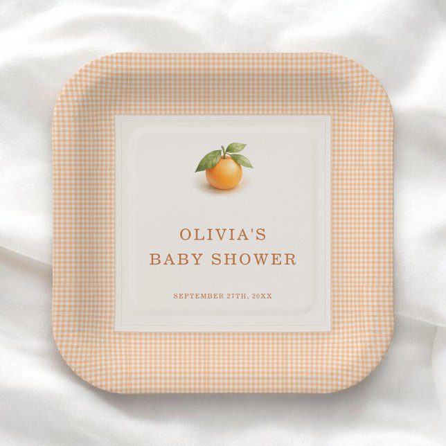 Little Cutie Orange Gingham Baby Shower Party Paper Plates (Creator Uploaded)