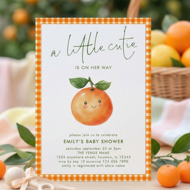 Little Cutie Orange Gingham Girl Baby Shower  Invitation (Creator Uploaded)