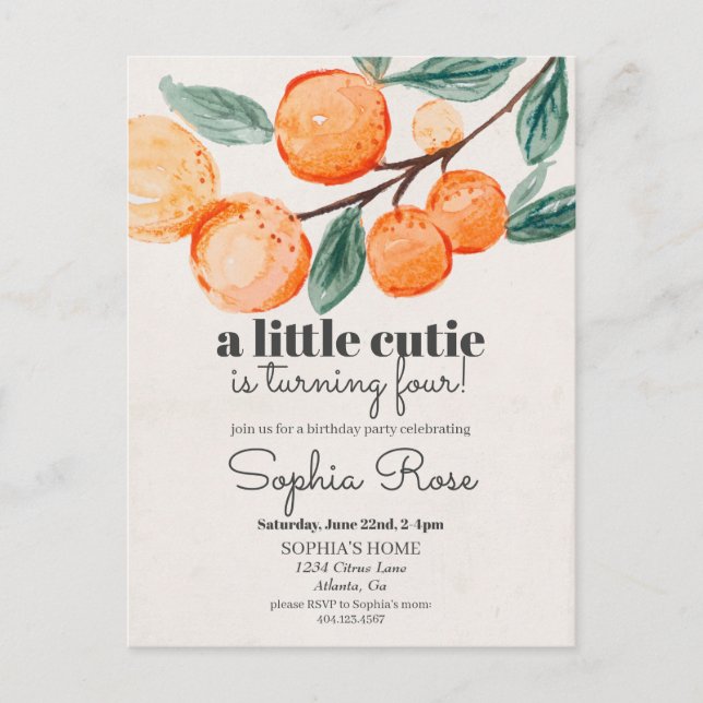 Little cutie orange girl birthday invite (Front)