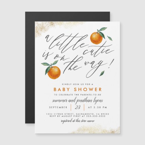 Little Cutie Orange  Gold Glitter Baby Shower Magnetic Invitation