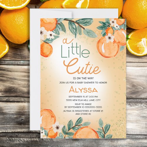 Little Cutie Orange Green Boy Girl Baby Shower Invitation