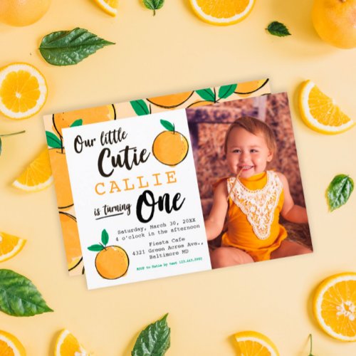 Little Cutie Orange Photo First Birthday Invitation