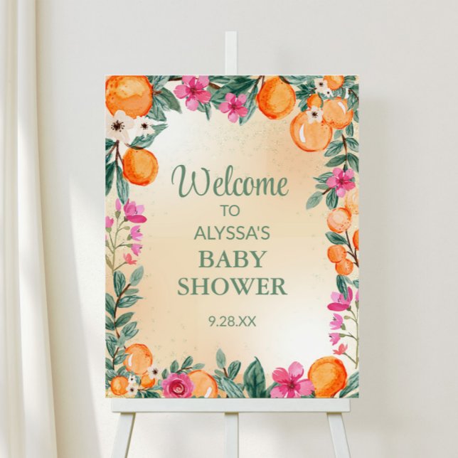 Little Cutie Orange Pink Floral Baby Shower Foam Board (Orange and pink "Little Cutie" baby shower welcome sign)