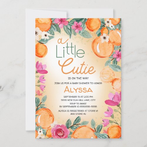 Little Cutie Orange Pink Floral Baby Shower Invitation