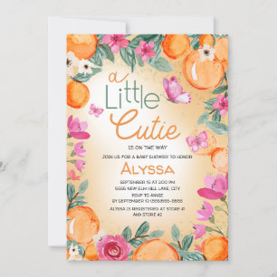Little Cutie Orange Pink Floral Butterflies Invitation
