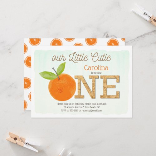 Little Cutie Orange Rustic 1st Birthday Girl Invitation