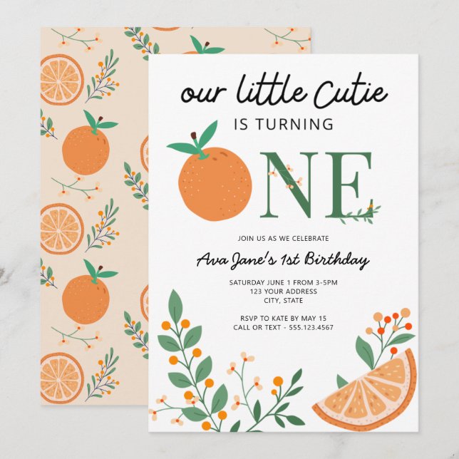 Little Cutie Orange Theme First Birthday Invitation (Front/Back)