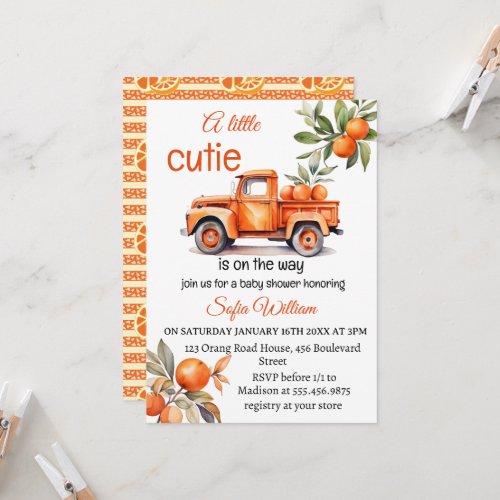 little cutie orange truck citrus baby shower  invitation