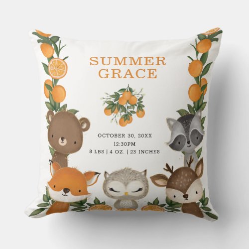 Little Cutie Orange Woodland Animals Birth Stats Throw Pillow