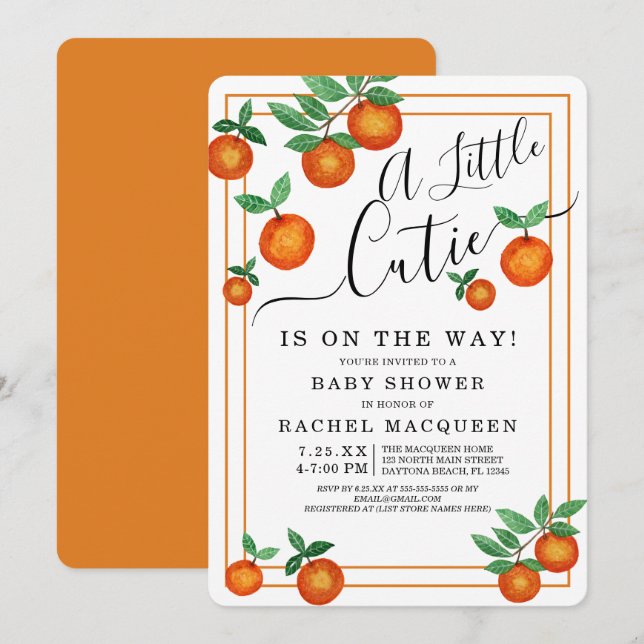 Little Cutie Oranges Fruit Border Baby Shower Invitation (Front/Back)