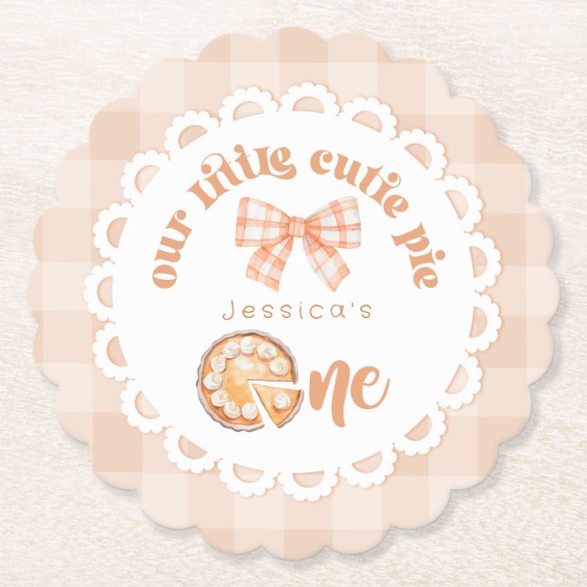 Little cutie Pie 1st birthday gingham Paper Coaster (Front)