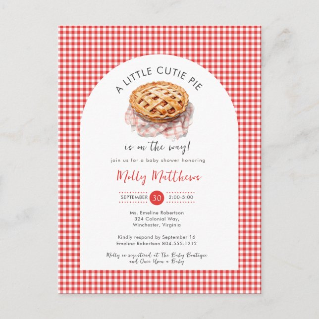 Little Cutie Pie Apple Gingham  Baby Shower Postcard (Front)