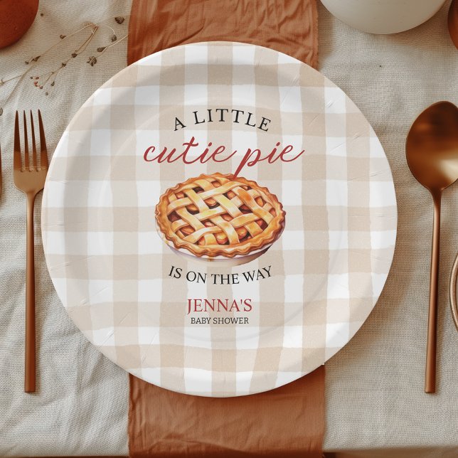 Little Cutie Pie Baby Shower Gingham Fall Paper Plates (A little cutie pie is on the way baby shower fall themed gingham personalized paper plate)