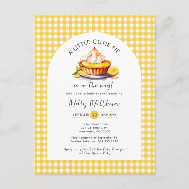 Little Cutie Pie Citrus Gingham Baby Shower  Postcard (Front)