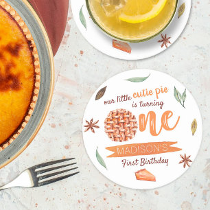 Little Cutie Pie Fall 1st Birthday Round Paper Coaster