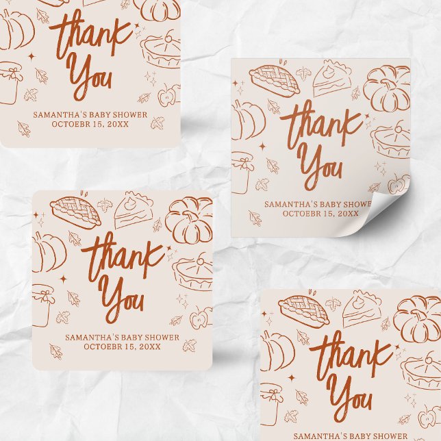 Little Cutie Pie Fall Baby Shower Square Sticker (Hand Drawn Little Cutie Pie Baby Shower Sticker)