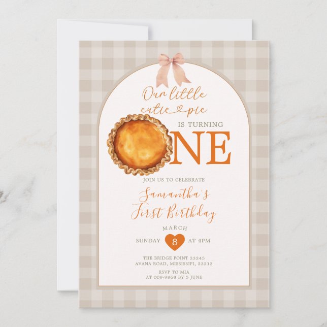 Little Cutie Pie Fall Beige Gingham First Birthday Invitation (Front)