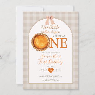 Little Cutie Pie Fall Beige Gingham First Birthday Invitation