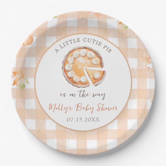 Little Cutie Pie Fall Pumpkin Gingham Baby Shower Paper Plates (Front)