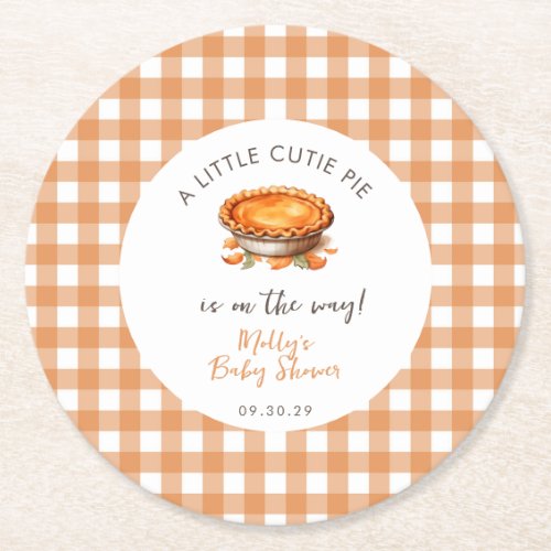 Little Cutie Pie Fall Pumpkin Gingham Baby Shower  Round Paper Coaster