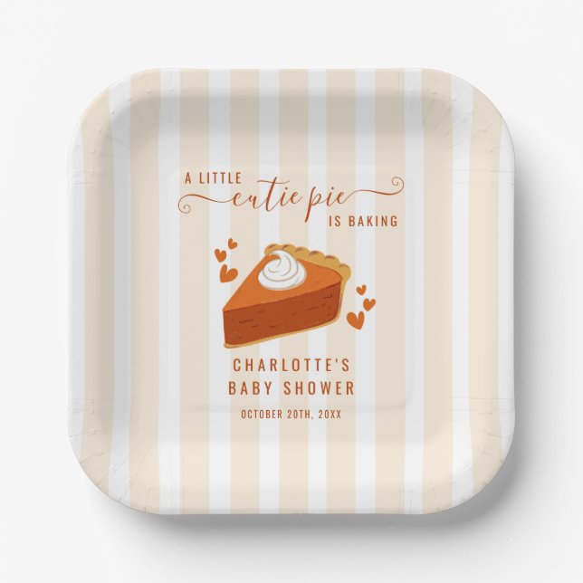 Little Cutie Pie Fall Stripes Pumpkin Baby Shower Paper Plates (Front)