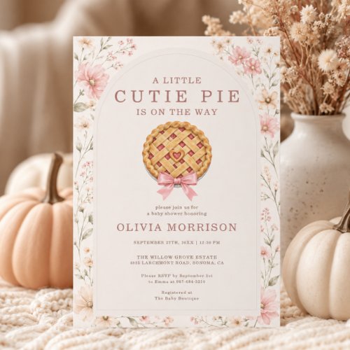 Little Cutie Pie Floral Pink Bow Girl Baby Shower Invitation
