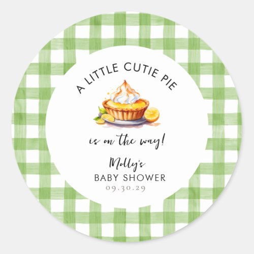 Little Cutie Pie Gingham Baby Shower  Classic Round Sticker