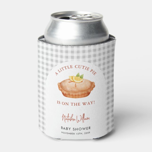Little Cutie Pie Grey Checkered Baby Shower Can Cooler (Can Front)