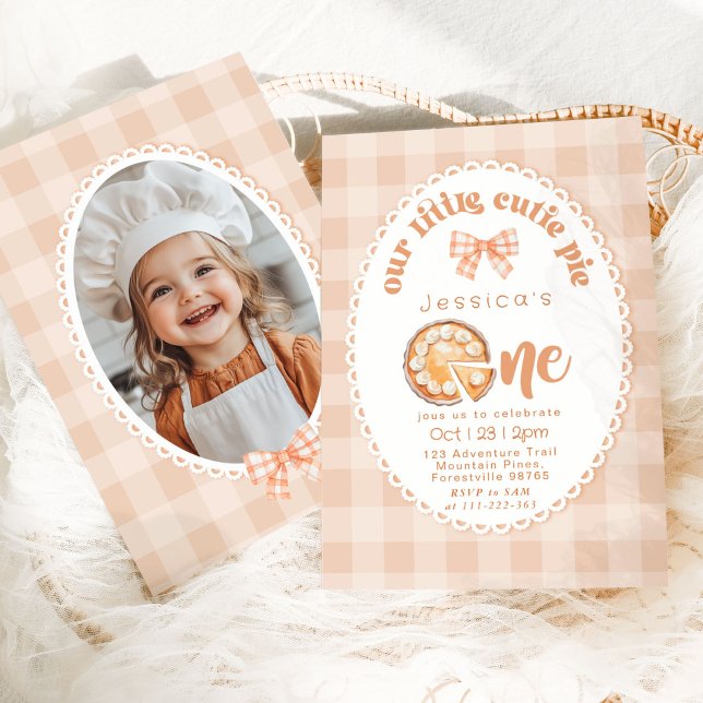 Little Cutie Pie Photo 1st Birthday gingham Bow Invitation (Creator Uploaded)