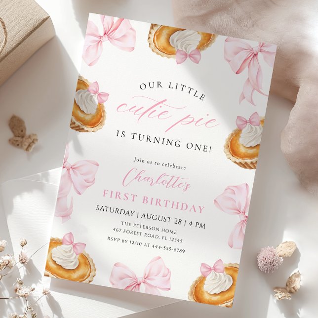 Little Cutie Pie Pink Bow First Birthday Invitation (Creator Uploaded)