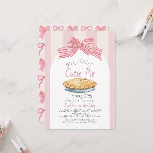 Little Cutie Pie Pink Bow Girl 1st Birthday Invitation