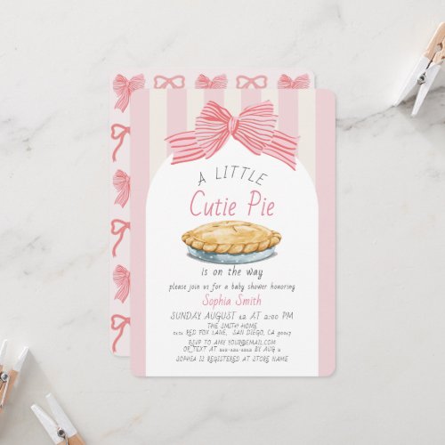 Little Cutie Pie Pink Bow Girl Baby Shower Invitation