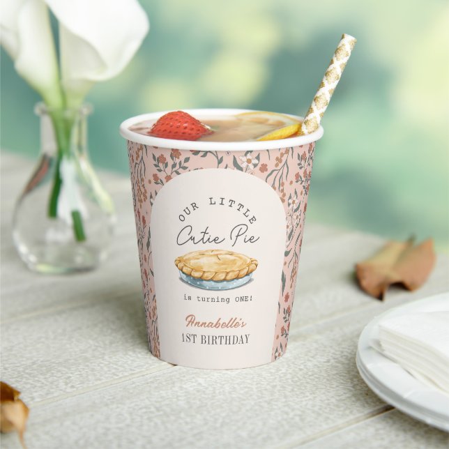Little Cutie Pie Pink Floral 1st Birthday Paper Cups (Insitu)