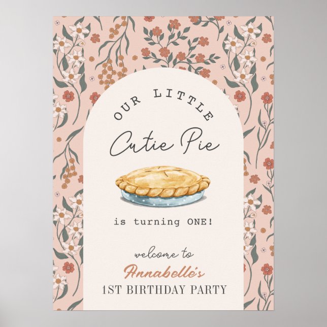 Little Cutie Pie Pink Floral 1st Birthday Welcome Poster (Front)