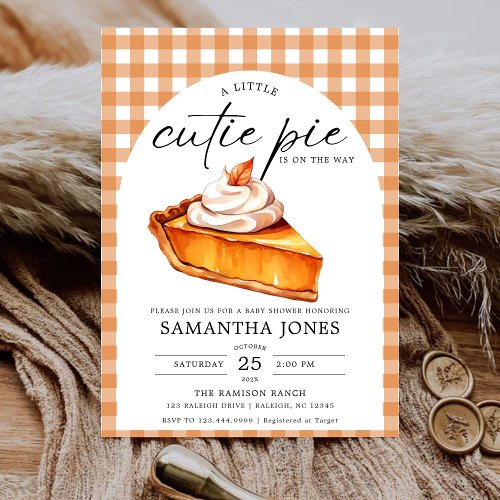 Little Cutie Pie Pumpkin Fall Gingham Baby Shower Invitation