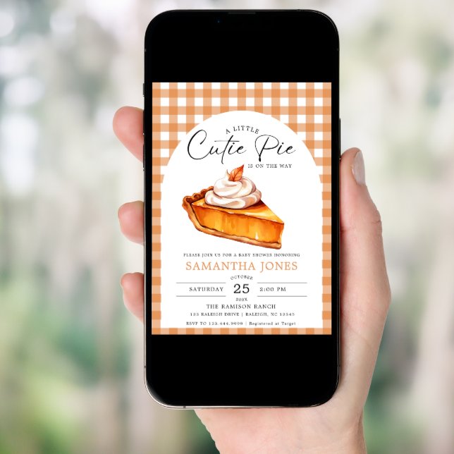 Little Cutie Pie Pumpkin Fall Gingham Baby Shower Invitation (Front Digital)