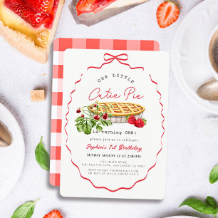 Little Cutie Pie Strawberries Red Bow 1st Birthday Invitation