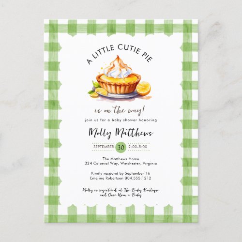 Little Cutie Pie Watercolor Gingham Baby Shower  Postcard