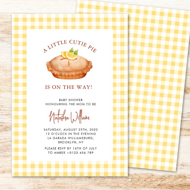 Little Cutie Pie Yellow Checkered Baby Shower Invitation (Creator Uploaded)