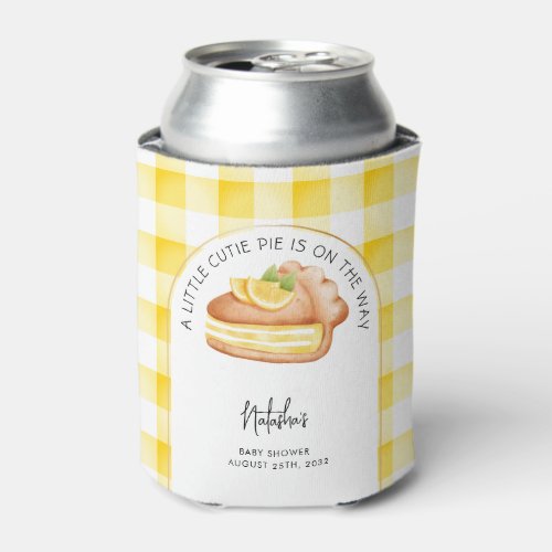 Little Cutie Pie Yellow Gingham Plaid Baby Shower Can Cooler