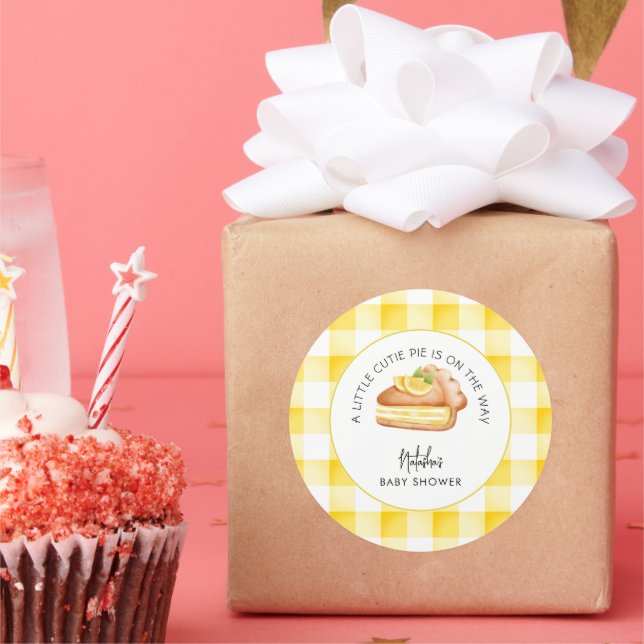 Little Cutie Pie Yellow Gingham Plaid Baby Shower Classic Round Sticker (Party)