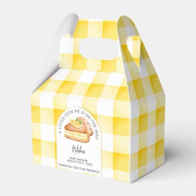 Little Cutie Pie Yellow Gingham Plaid Baby Shower Favor Boxes (Front Side)