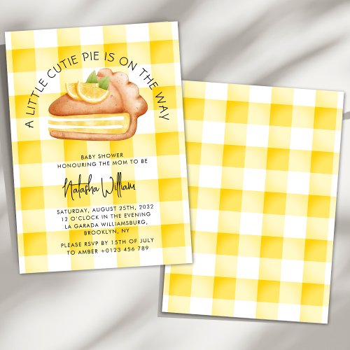 Little Cutie Pie Yellow Gingham Plaid Baby Shower Invitation