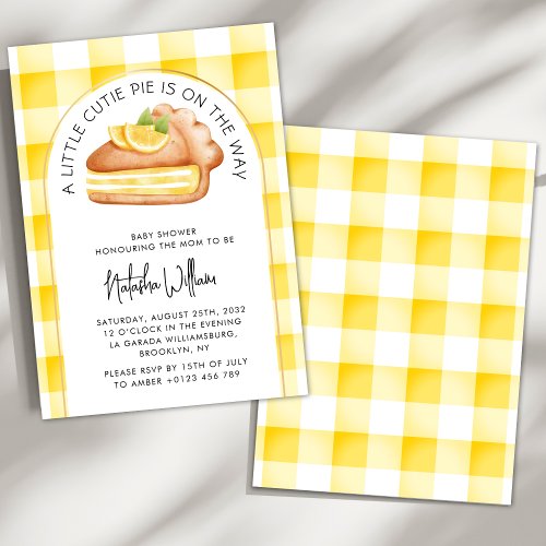 Little Cutie Pie Yellow Gingham Plaid Baby Shower Invitation