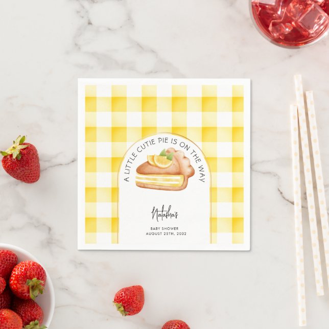 Little Cutie Pie Yellow Gingham Plaid Baby Shower Napkins (Insitu)