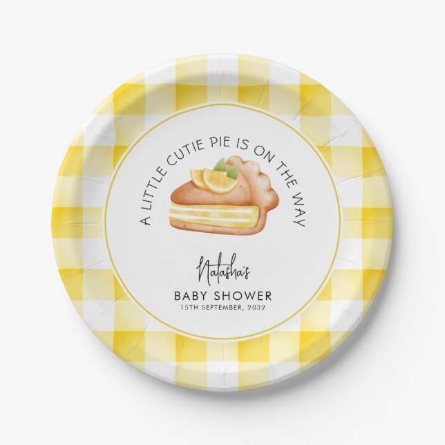 Little Cutie Pie Yellow Gingham Plaid Baby Shower Paper Plates (Front)