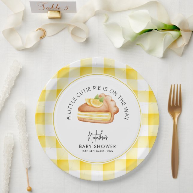Little Cutie Pie Yellow Gingham Plaid Baby Shower Paper Plates (Wedding)