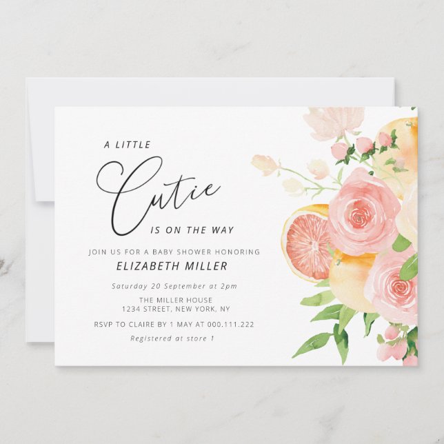 little cutie pink floral baby shower invitation (Front)